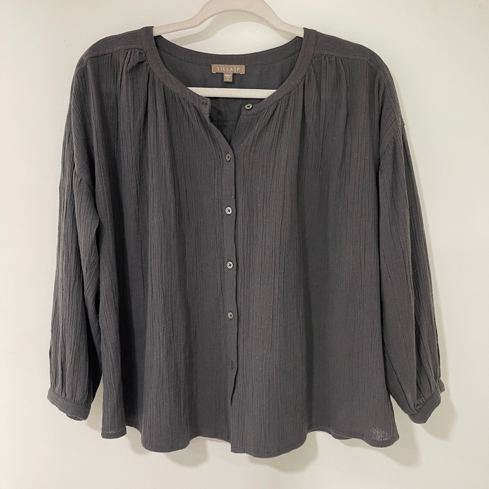 Lilla P Cotton Gauze Button Front Blouse Womens Small Grey Relaxed | Coastal
